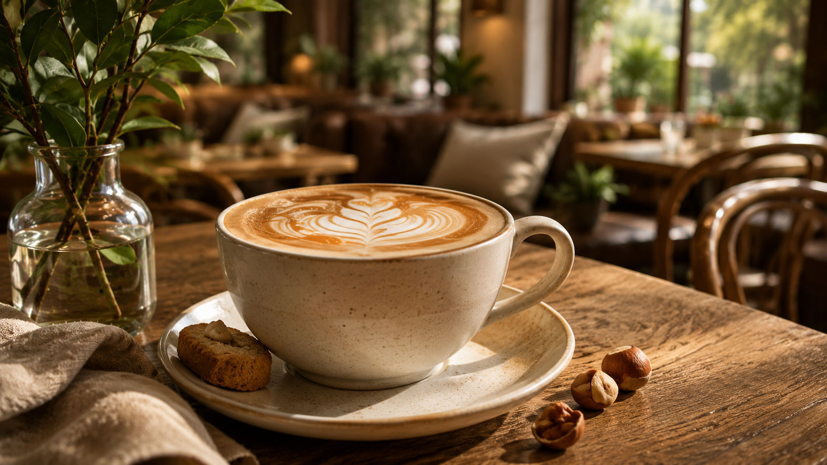 Sunlit Brew latte by the window