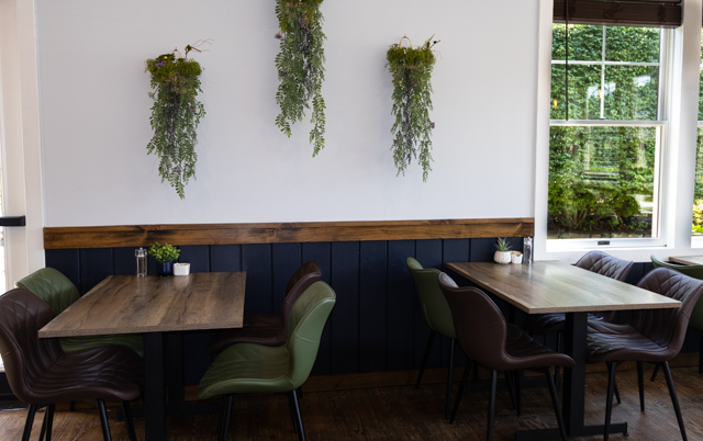 Bright dining area inside Brew Cafe and Bistro